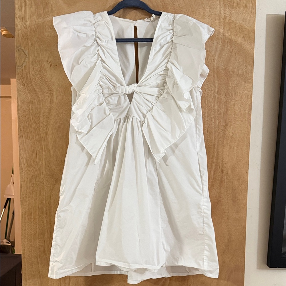 Blue Tassel Ruffled Waistless White Mini Dress